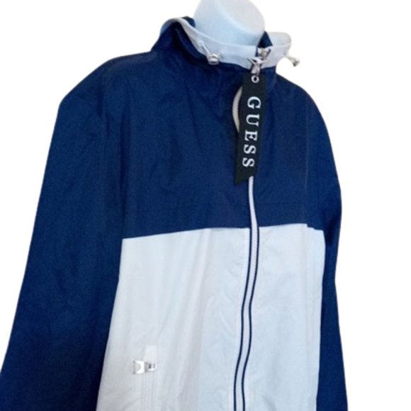 GUESS Navy Blue & White Hooded Spring Jacket Windbreaker Size Large - Picture 3 of 4